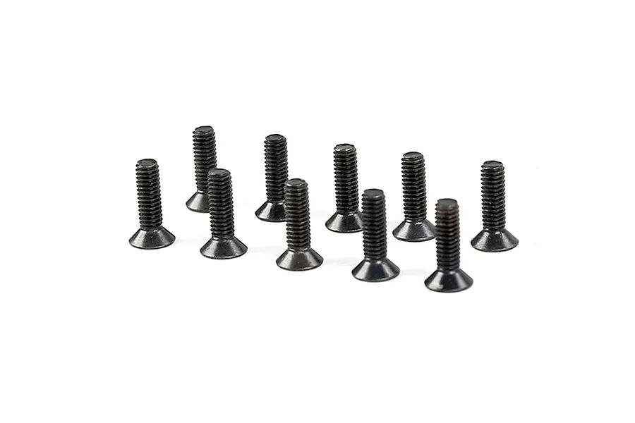 A group of ten black metal countersunk head screws arranged on a white background.