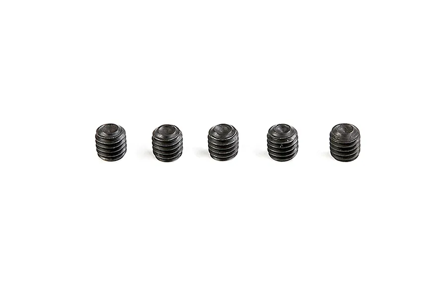 Five small black metal grub screws arranged in a horizontal row against a plain white background.