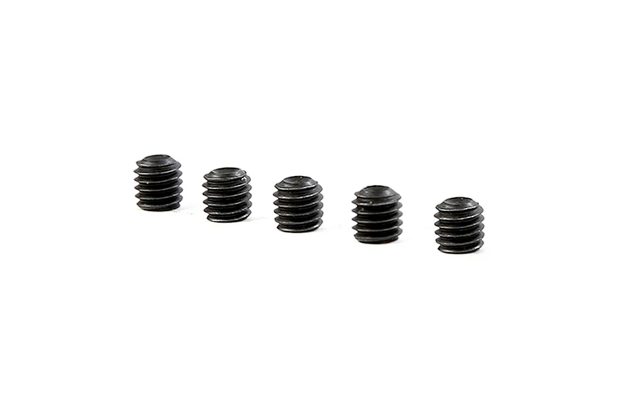 Five small black metal grub screws arranged in a row against a white background.