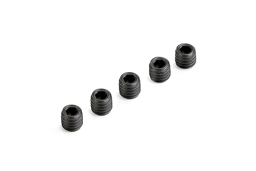 Five black metal grub screws with hexagonal drive sockets arranged in a diagonal line on a white background.