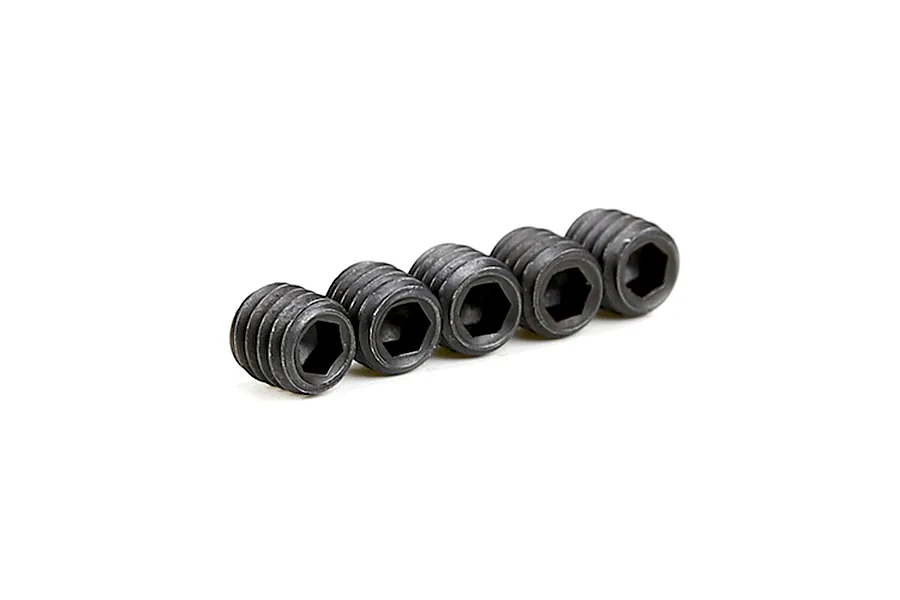 Five black metal grub screws with hexagonal sockets arranged in a row against a white background.