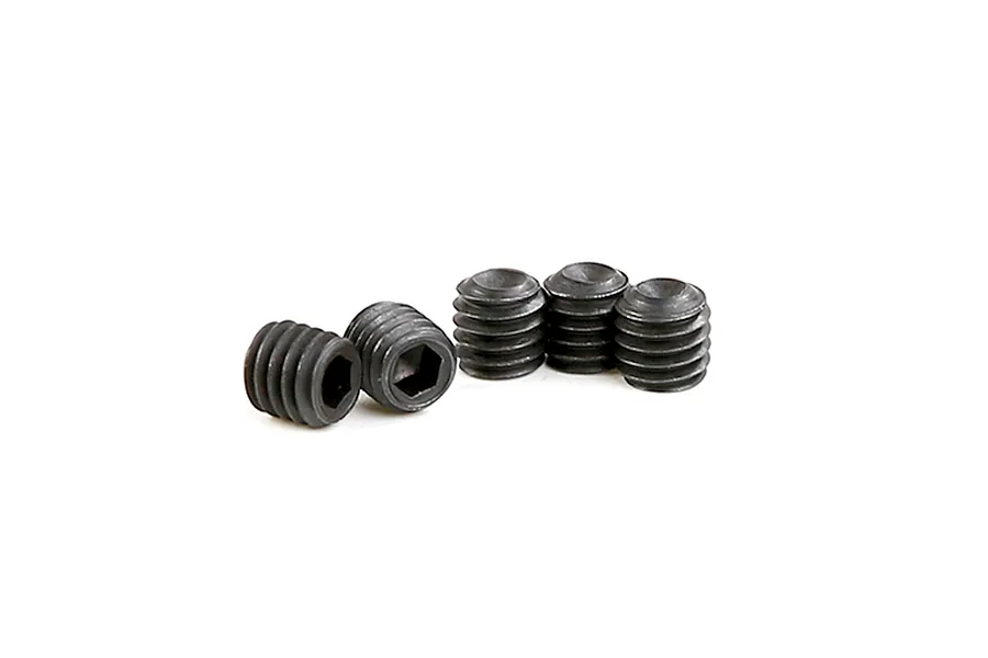 Five black metal grub screws with hexagonal sockets arranged on a white background.