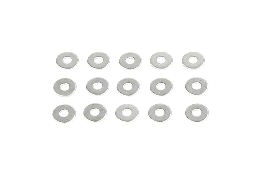 A set of fifteen small, round, silver-coloured metal washers arranged in a three-by-five grid on a white background.