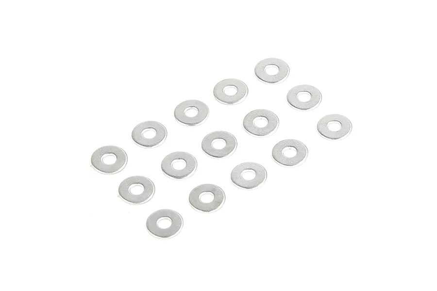 A collection of fourteen small silver metal washers arranged in a grid pattern against a white background.