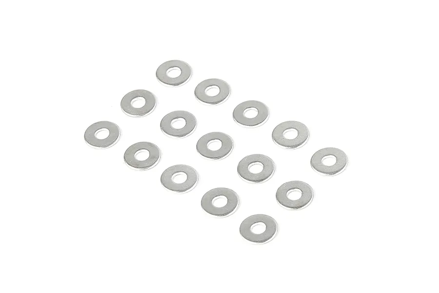 A collection of fourteen small, circular metal washers arranged in a grid pattern against a plain white background.