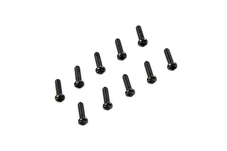 Ten black metal button head screws arranged in a loose group on a white background.