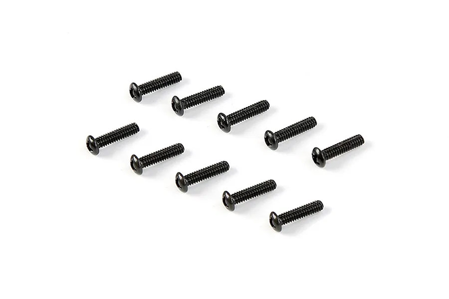 A set of ten black metal button head screws arranged on a white background.