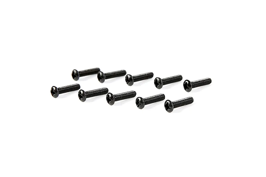 A set of ten black metal button head screws arranged in two rows on a white background.