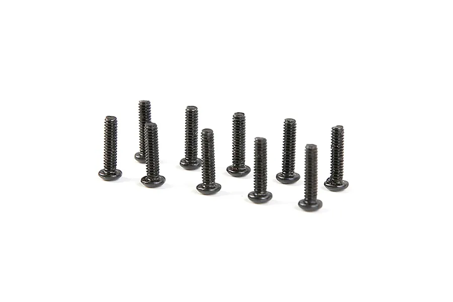 A set of ten black metal button head screws standing upright on a white background.