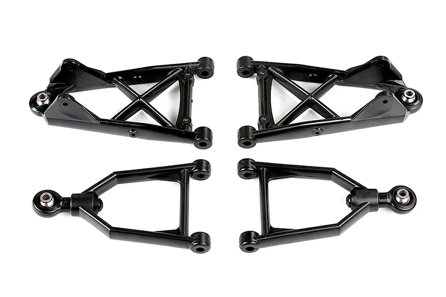 A set of four black Rovan RC front suspension arms, including two upper and two lower A-arms with pre-installed ball joints.