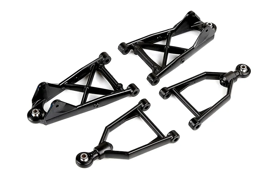 A set of four black Rovan RC front suspension arms, including two upper and two lower A-arms, isolated on a white background.