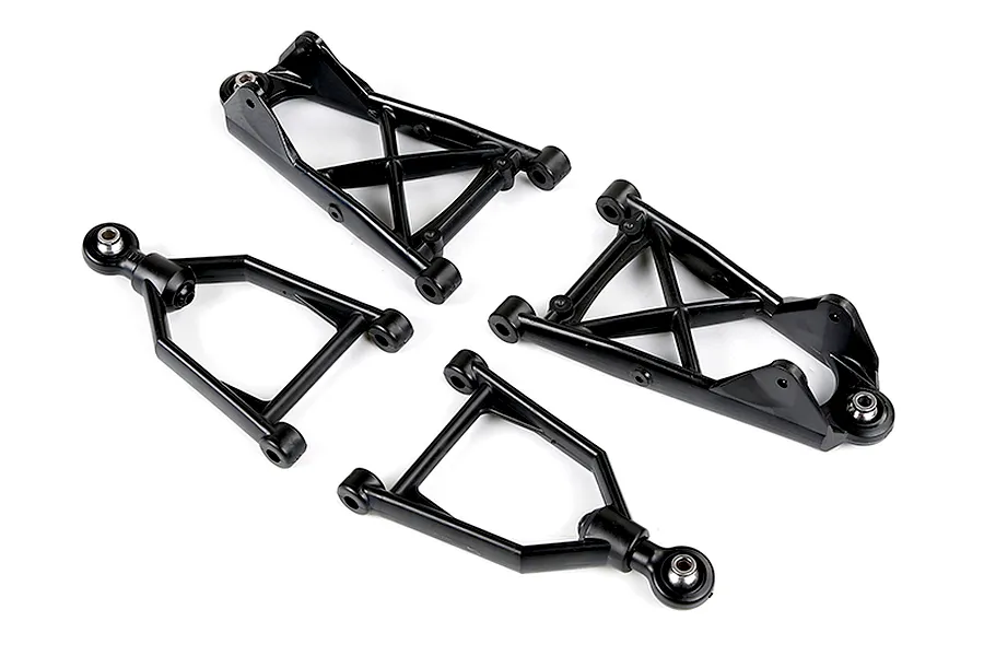 A set of four black RC car suspension arms, including two large triangular upper arms and two smaller lower arms with ball joints, isolated on a white background.