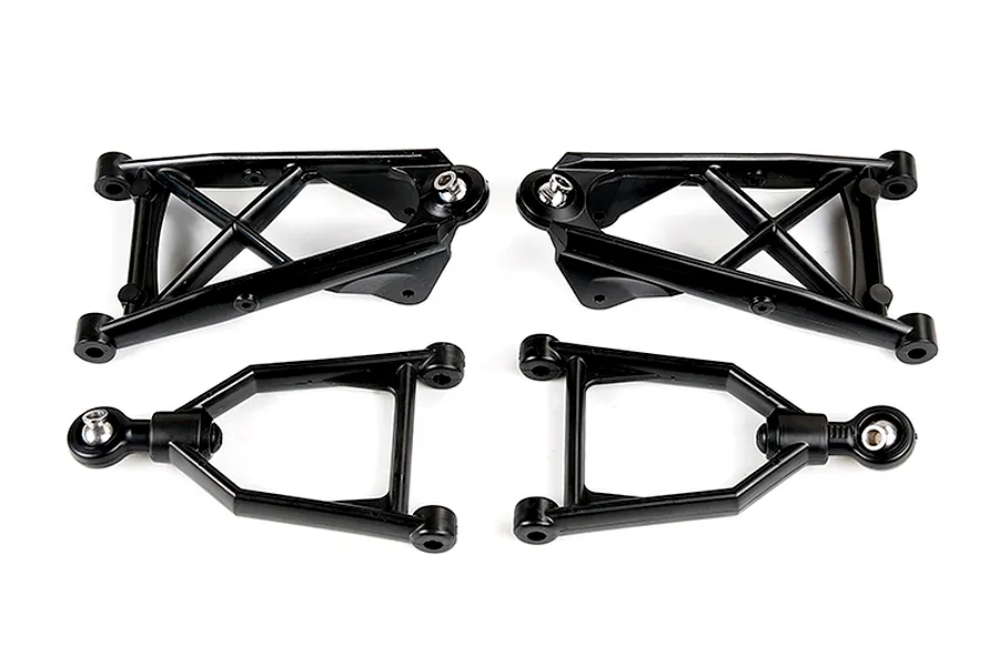 A set of four black Rovan RC front suspension arms, including two large upper arms and two smaller lower arms with ball joints, isolated on white.