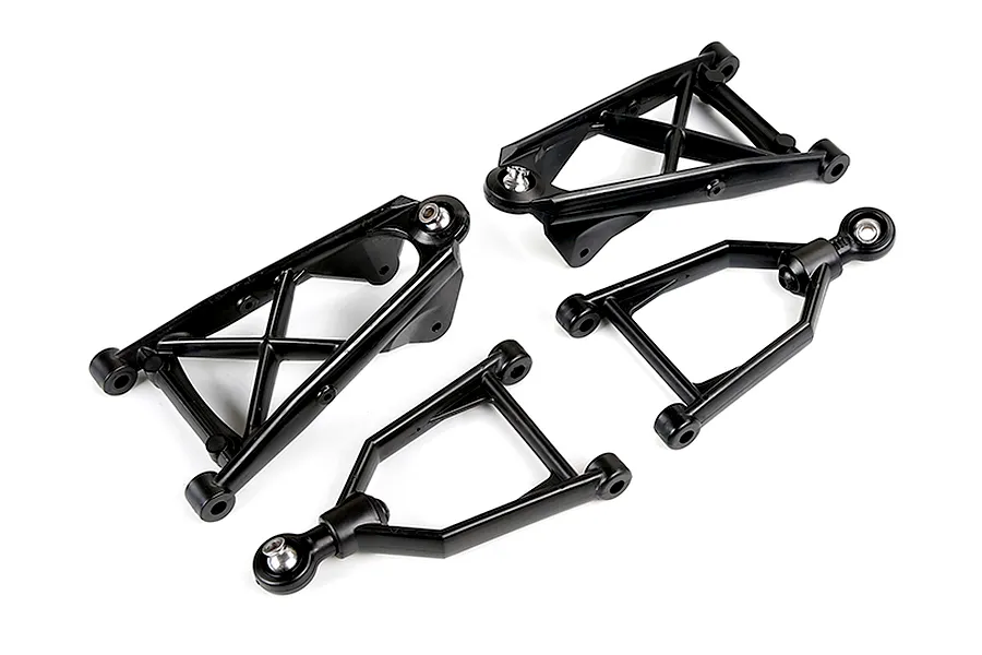 A set of four black plastic RC front suspension arms for a Rovan vehicle, featuring two large A-arms and two smaller wishbone arms with metal ball joints.