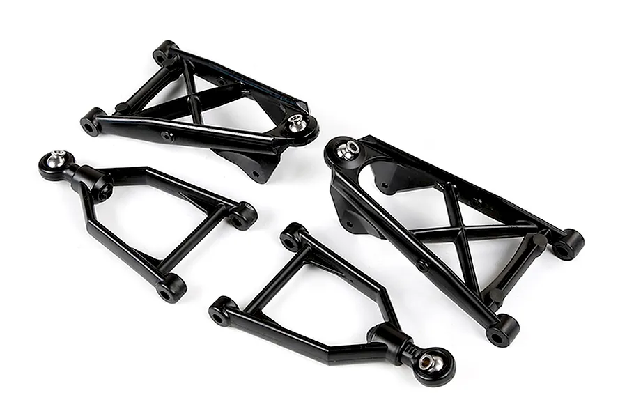 A set of four black plastic RC front suspension arms for a Rovan vehicle, including two large A-arms and two smaller wishbone arms with metal ball joints.