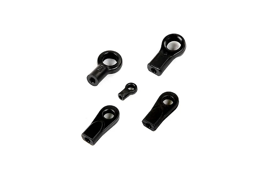 A set of five black plastic RC ball ends of varying sizes arranged on a white background.