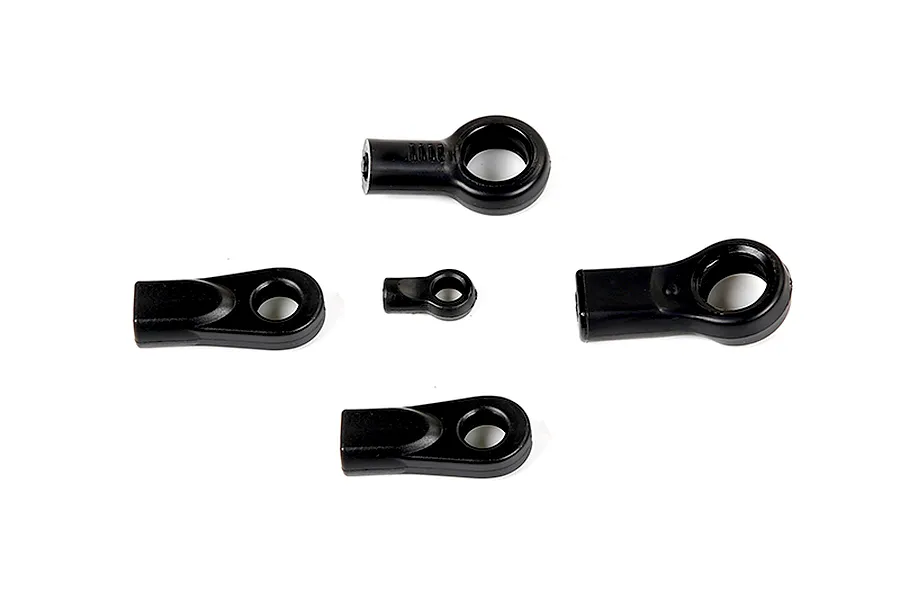 A set of five black plastic RC rod ends of varying sizes arranged on a white background.