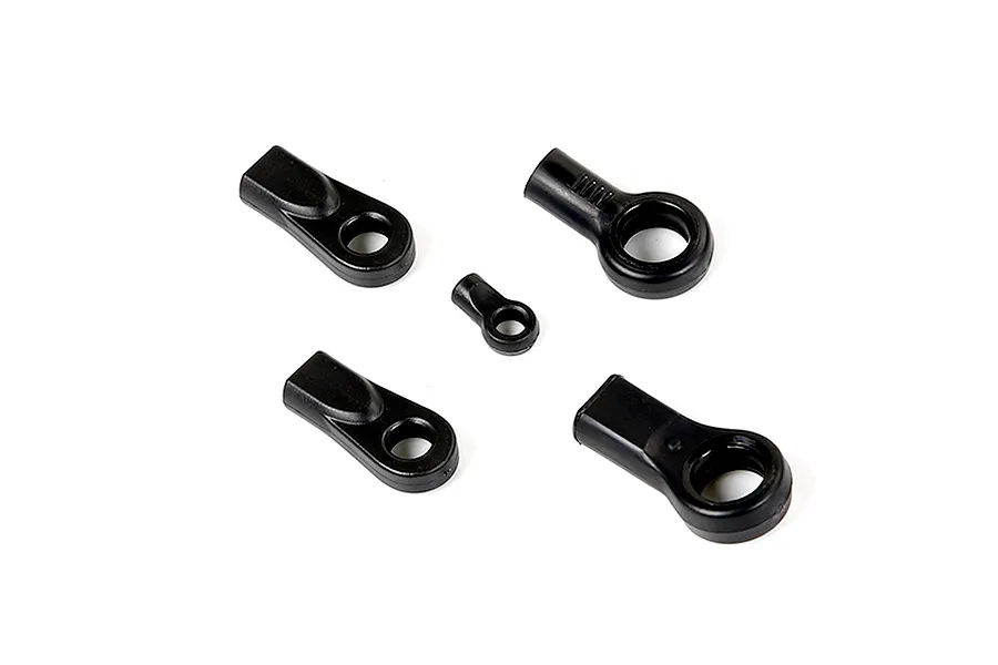 A set of five black plastic RC ball ends of varying sizes arranged on a white background.