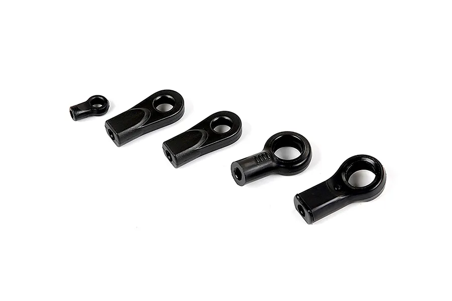 A set of five black plastic RC ball ends of varying sizes arranged on a white background.