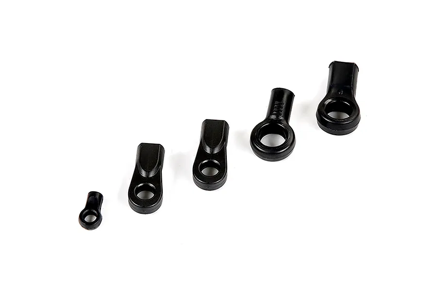 A set of four black plastic ball ends of varying sizes arranged in a row against a white background.