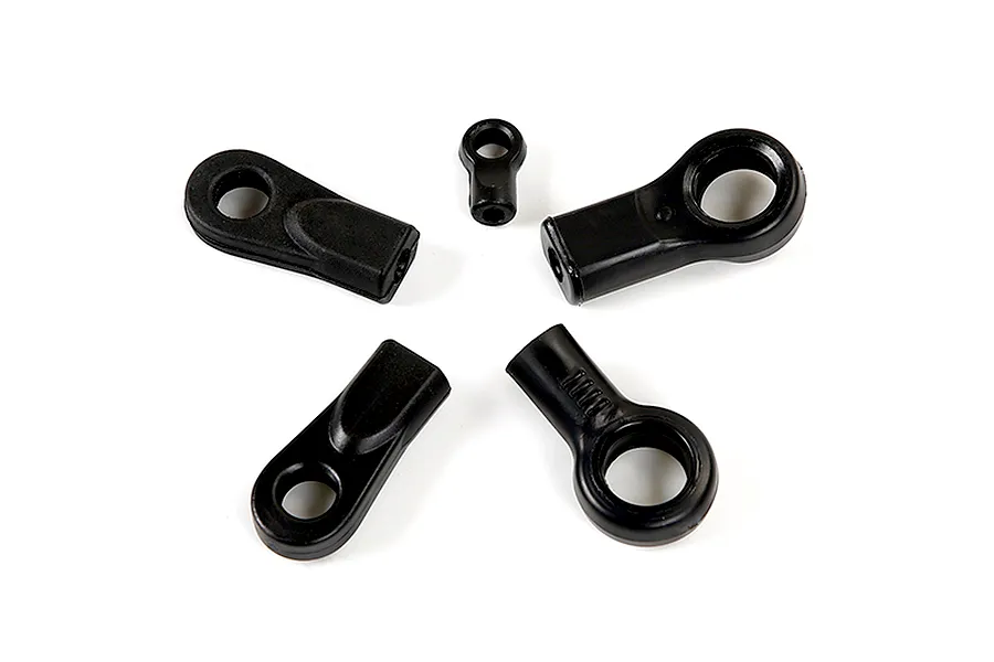 A set of five black plastic RC ball ends of varying sizes arranged in a circular pattern on a white background.