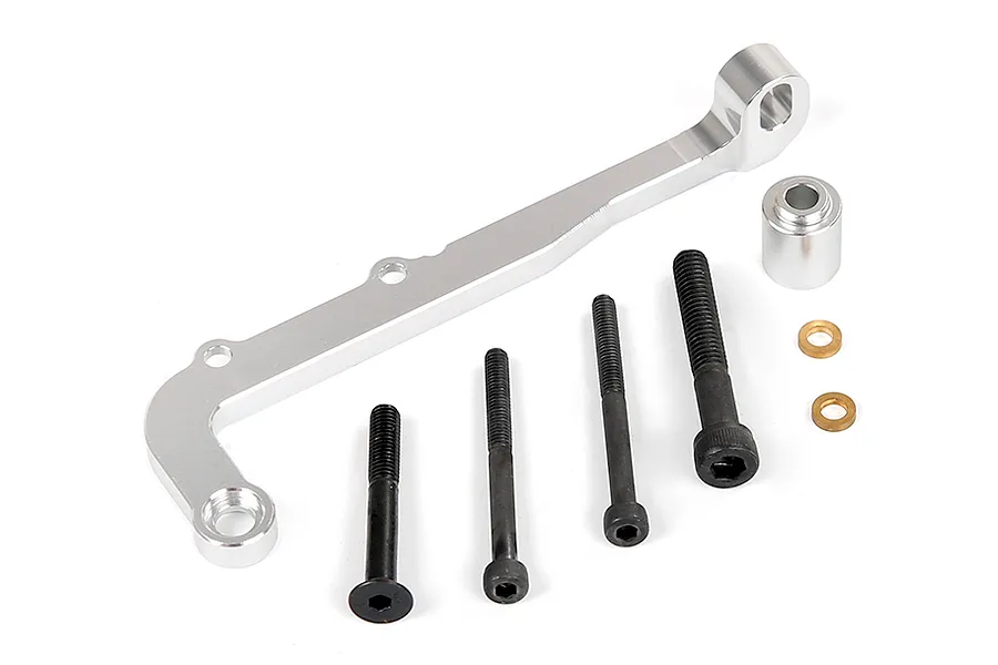 Rovan silver aluminium clutch carrier and brake mount set including metal bracket, spacer, bolts, and washers.