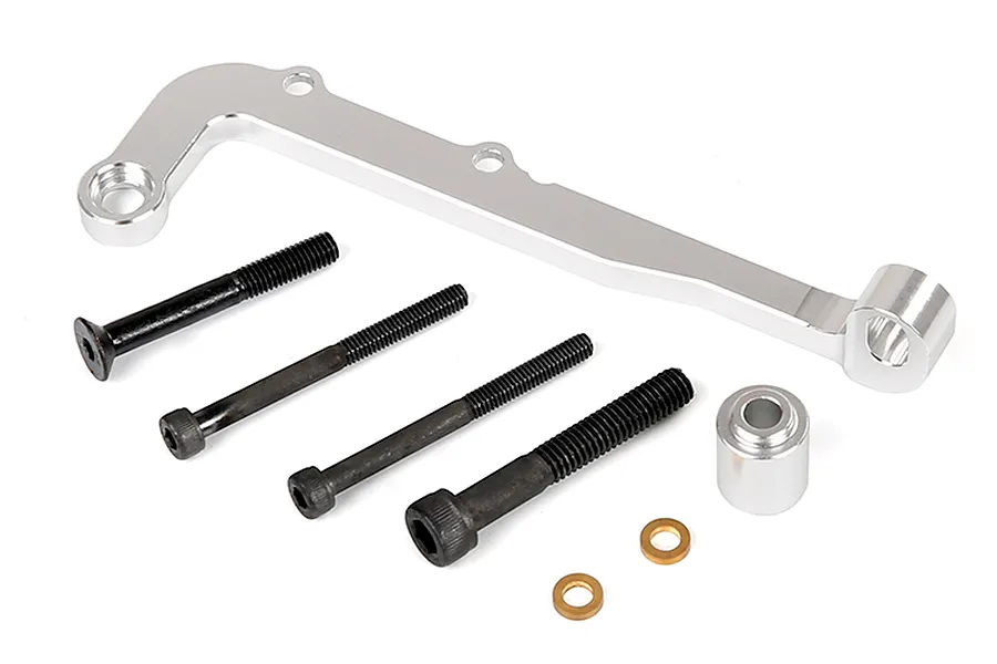 A silver aluminium RC car clutch carrier and brake mount component with four black screws, a small silver spacer, and two small brass washers.