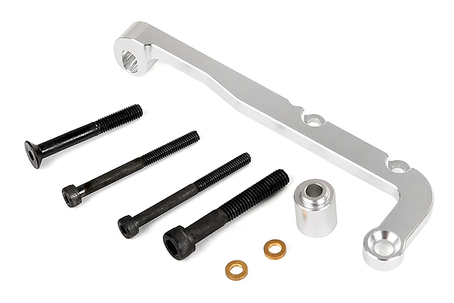 Rovan silver aluminium clutch carrier and brake mount set including screws, spacers, and washers on a white background.