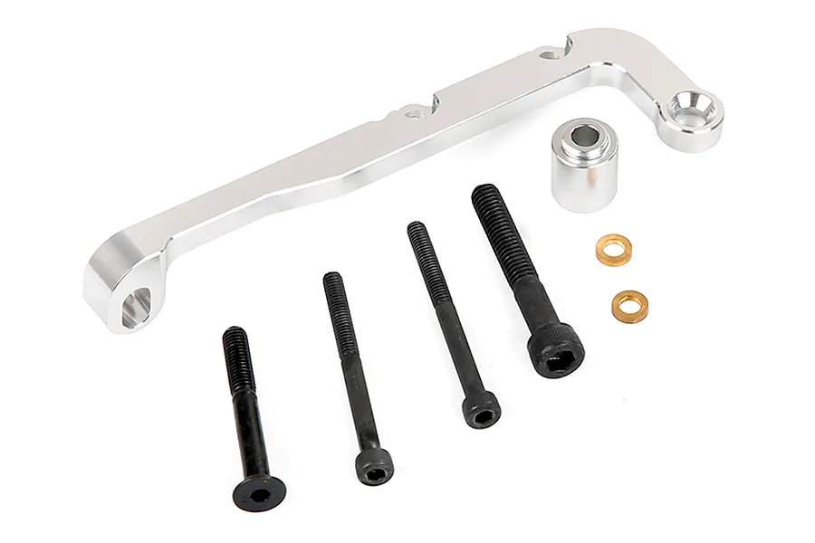 Rovan silver aluminium RC car part with a mounting bracket, spacer, four black bolts, and two small brass washers on a white background.