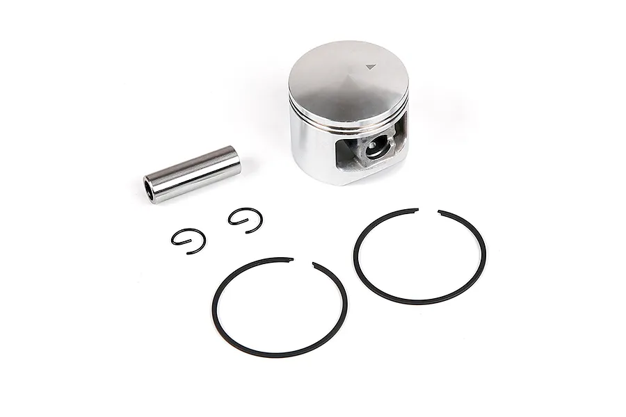 Rovan 45cc RC engine piston kit including a piston, wrist pin, two piston rings, and two circlips on a white background.