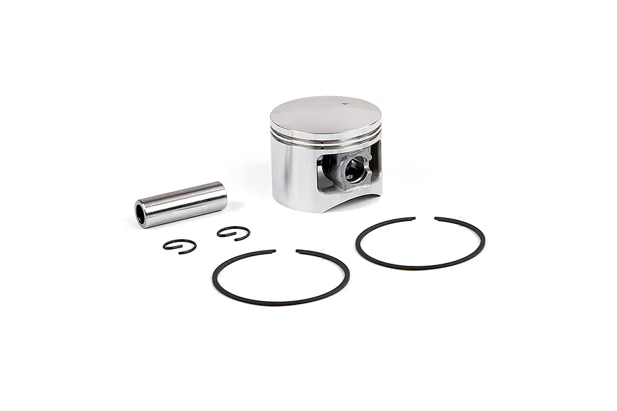 A Rovan 45cc dual ring piston kit including the piston, wrist pin, two piston rings, and two circlips on a white background.