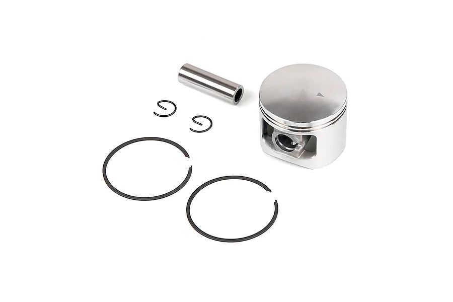 Rovan 45cc RC engine piston kit including piston, wrist pin, two piston rings, and two circlips on a white background.