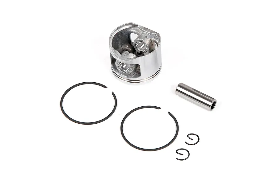 A Rovan 45cc dual ring piston kit including the piston, two piston rings, a wrist pin, and two circlips on a white background.