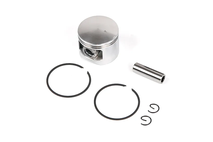 Rovan 45cc dual ring piston kit including piston, two rings, wrist pin, and two circlips on a white background.