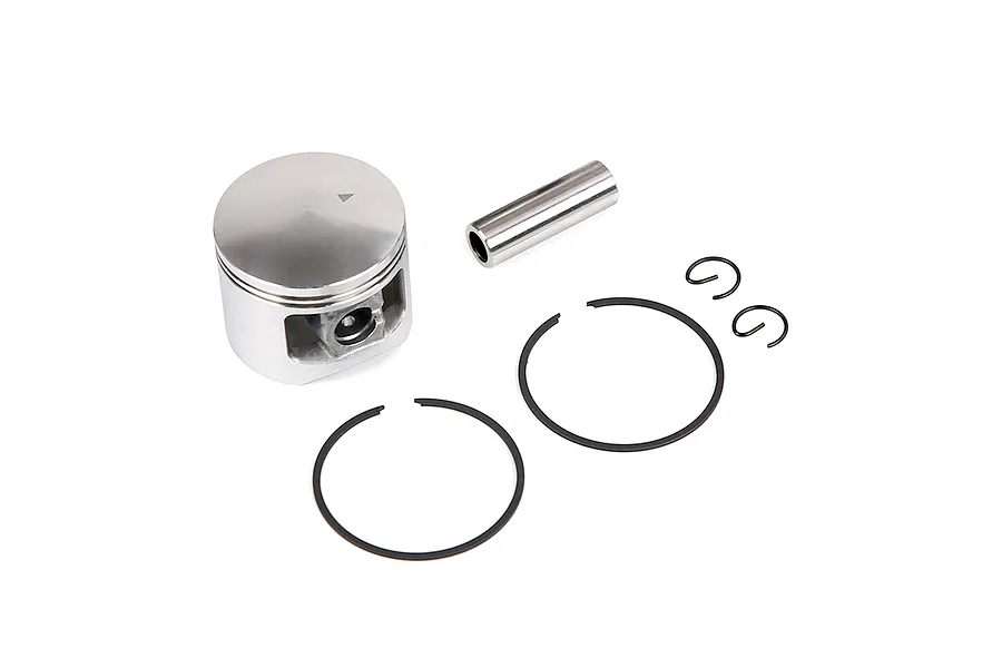Rovan 45cc dual ring piston kit including piston, wrist pin, two piston rings, and two circlips on a white background.