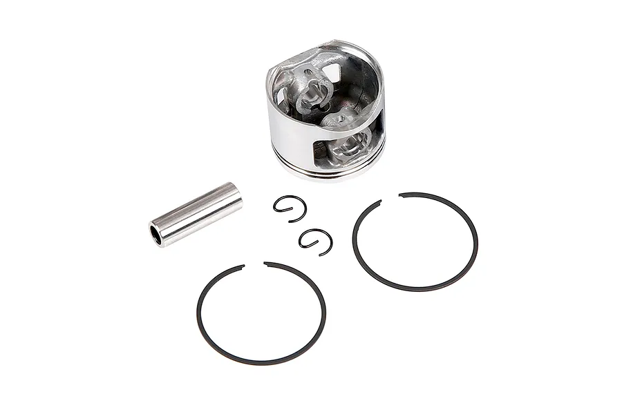 A Rovan 45cc RC engine piston kit including a silver piston, wrist pin, two piston rings, and two circlips on a white background.