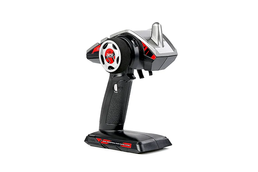Rovan BER 2.4GHz pistol-grip radio transmitter for RC vehicles, featuring a black and grey design with red accents.