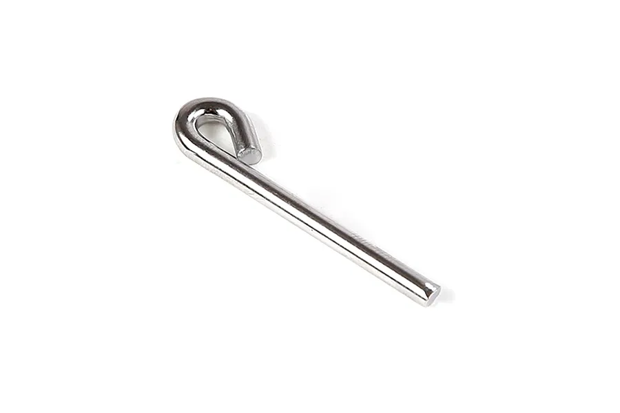 A silver-coloured metal brake connecting rod with a looped end, isolated on a white background.