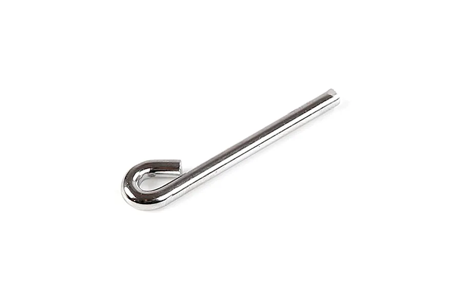 A silver-coloured metal brake connecting rod with a looped end, isolated on a white background.
