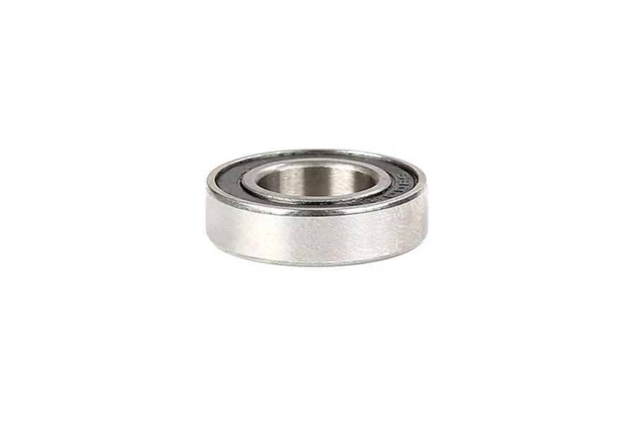 A single metal ball bearing with a black rubber seal, shown at an angle against a white background.