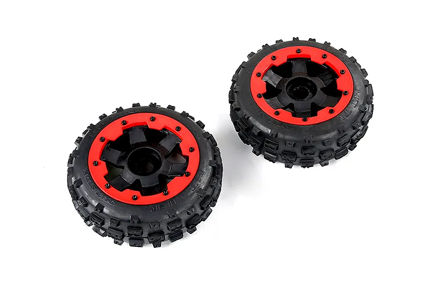 Two Rovan Wasteland RC buggy front wheels with black knobby rubber tires and red beadlock-style rims on a white background.