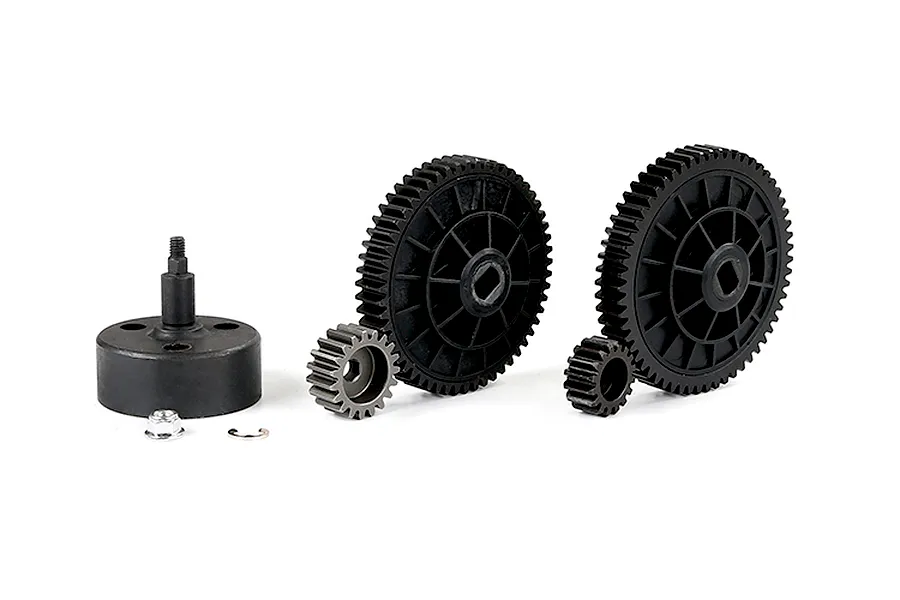 Rovan RC clutch bell assembly with two sets of spur and pinion gears, a nut, and a clip on a white background.