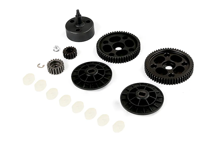 Rovan RC clutch bell, spur gears, pinion gears, and small hardware components arranged on a white background.