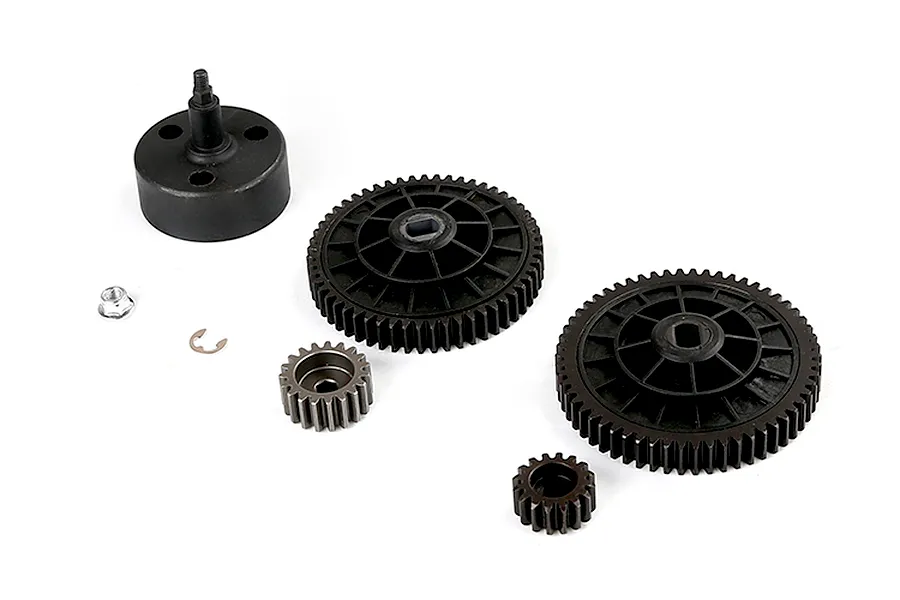 Rovan RC drivetrain parts including a clutch bell, two spur gears, two pinion gears, a nut, and an E-clip on a white background.