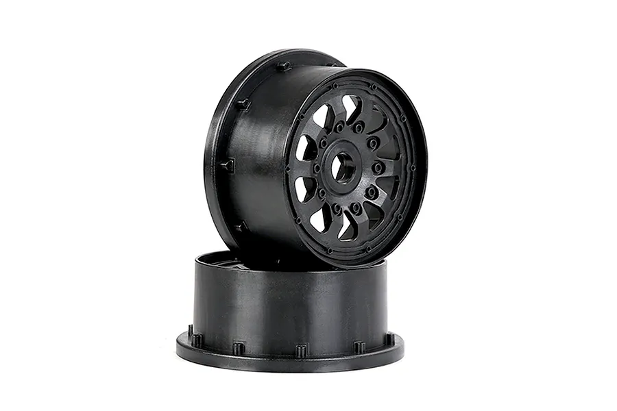 Two black Rovan fourth generation RC wheel hubs stacked on a white background.