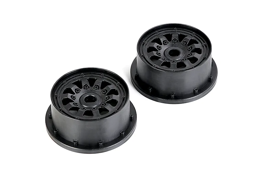 Two black Rovan fourth generation RC wheel hubs shown from a high angle against a white background.