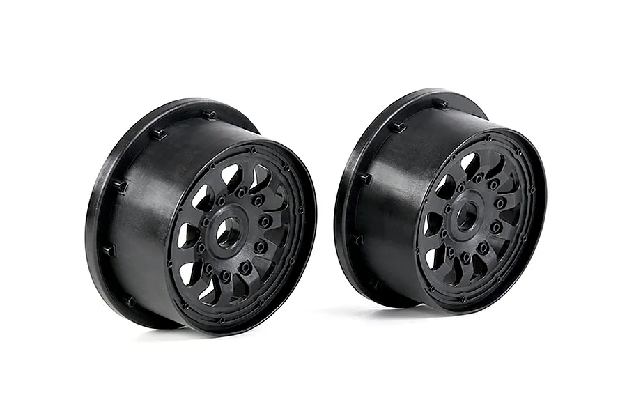 Two black plastic RC car wheel rims shown from a side angle against a white background.