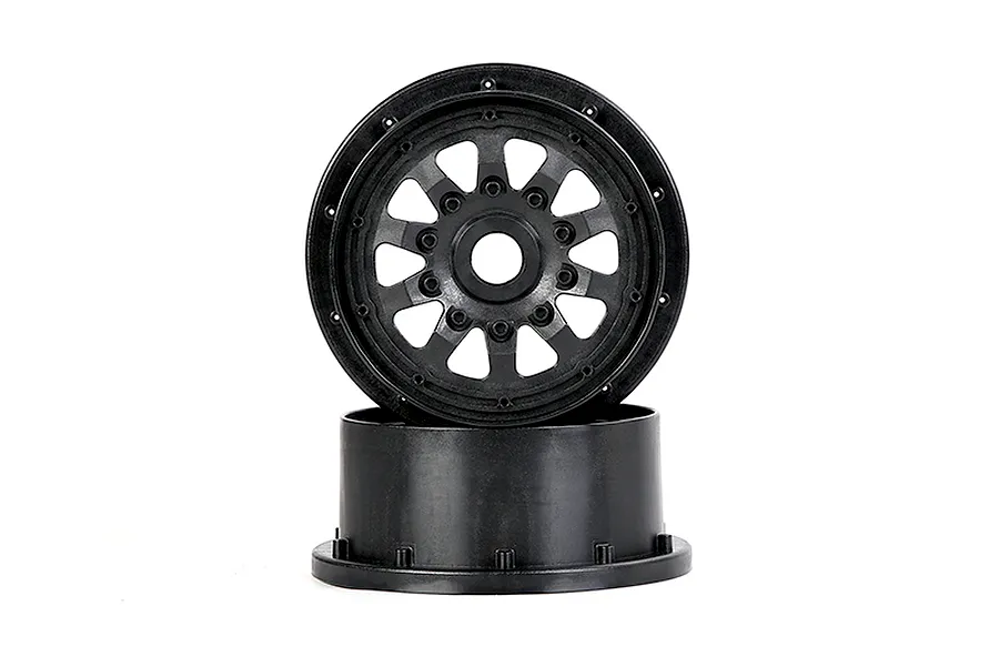 A black plastic RC car wheel rim shown from the front and side profile against a white background.