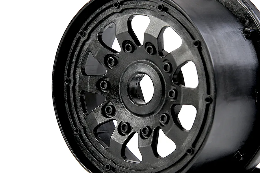 A black Rovan fourth generation RC wheel hub viewed from a slight angle against a white background.