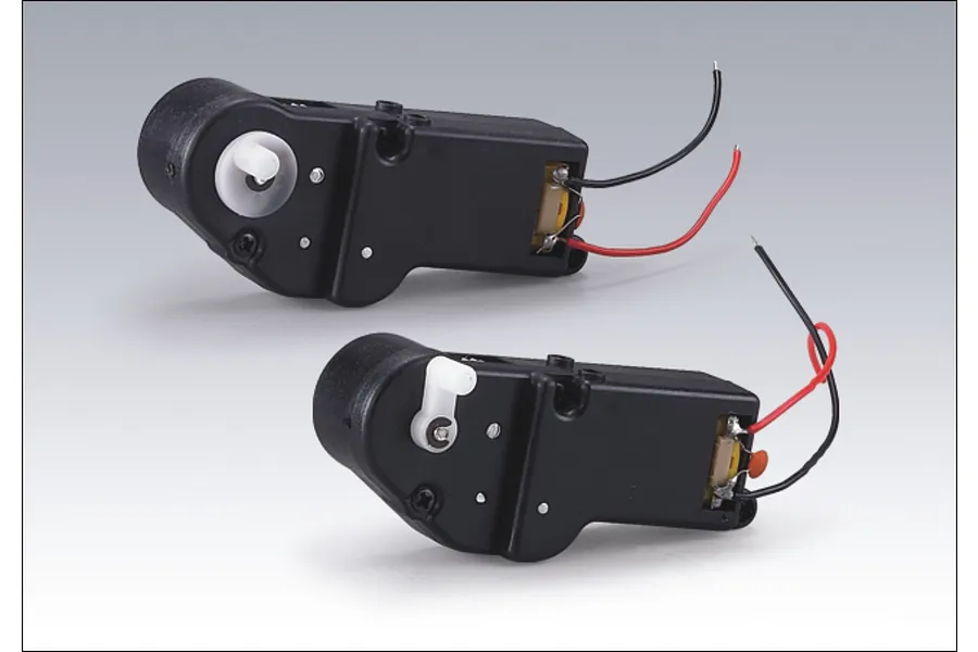 Two Heng Long RC tank gun barrel elevation motor units with black plastic housings and red and black electrical wires.